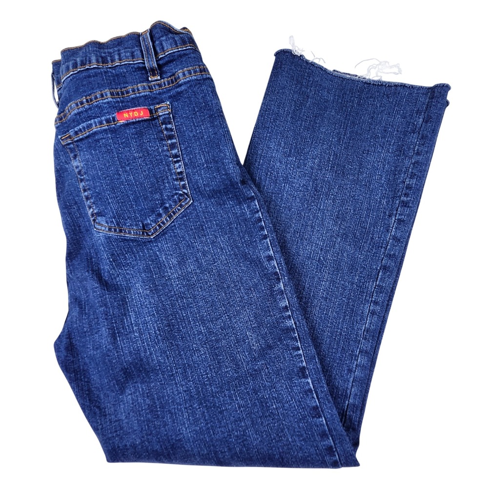 VTG NYDJ Tummy Tuck Jeans Womens 10 Blue Raw Hem Straight Leg Stretch Denim USA